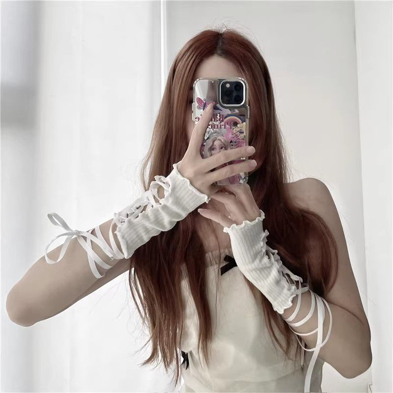 Fingerless Glove Knit - Women Lace‑Up Fingerless Arm Sleeves Elastic